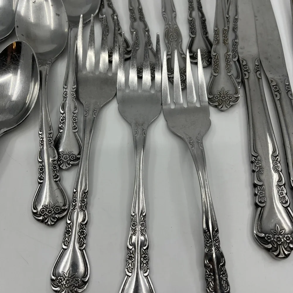 24 Rogers Rose Floral Glossy Stainless Flatware And Serving Spoon Fork Korea Vtg